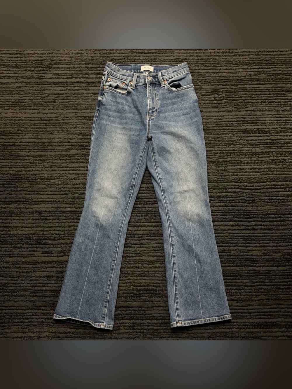 Pistola High rise medium wash slim flare hem jeans